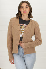 Braiden Cardigan - Detachable Faux Fur Collar Ribbed Cardigan in Camel