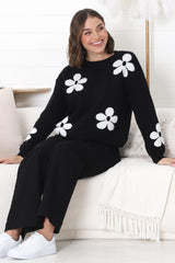 Courtney Jumper - Flower Detail Crew Neck Jumper in Black