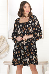 Finnie Mini Dress - On or Off Shoulder Long Sleeve Smock Dress in Paisley Print