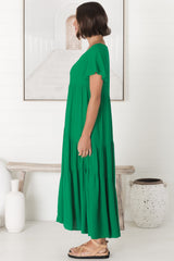 Allegra Midi Dress - Relaxed Asymmetric Tiered Linen Smock Dress in Green