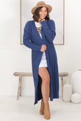 Tommy Cardigan - Long Line Cable Knit Cardigan in Denim Blue