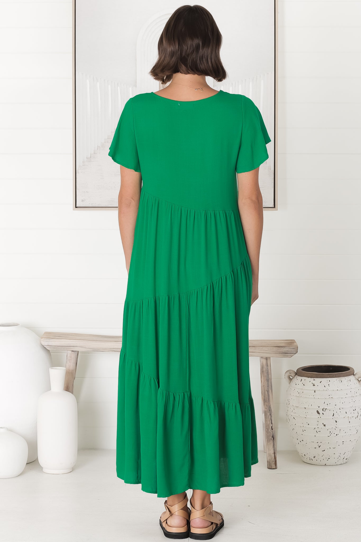 Allegra Midi Dress - Relaxed Asymmetric Tiered Linen Smock Dress in Green