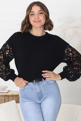 Carley Jumper - Crew Neck Lace Sleeve Knit in Black