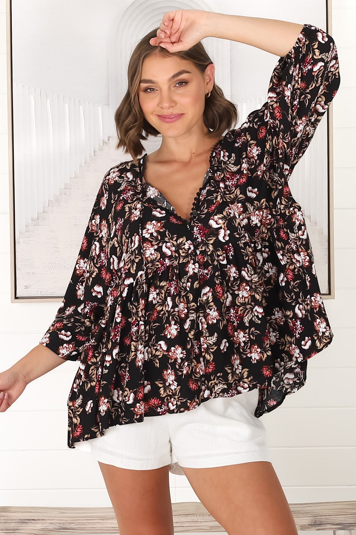 JAASE - Chloe Top: Very Oversized Crochet Trim Neckline Smock Top in Kimber Print