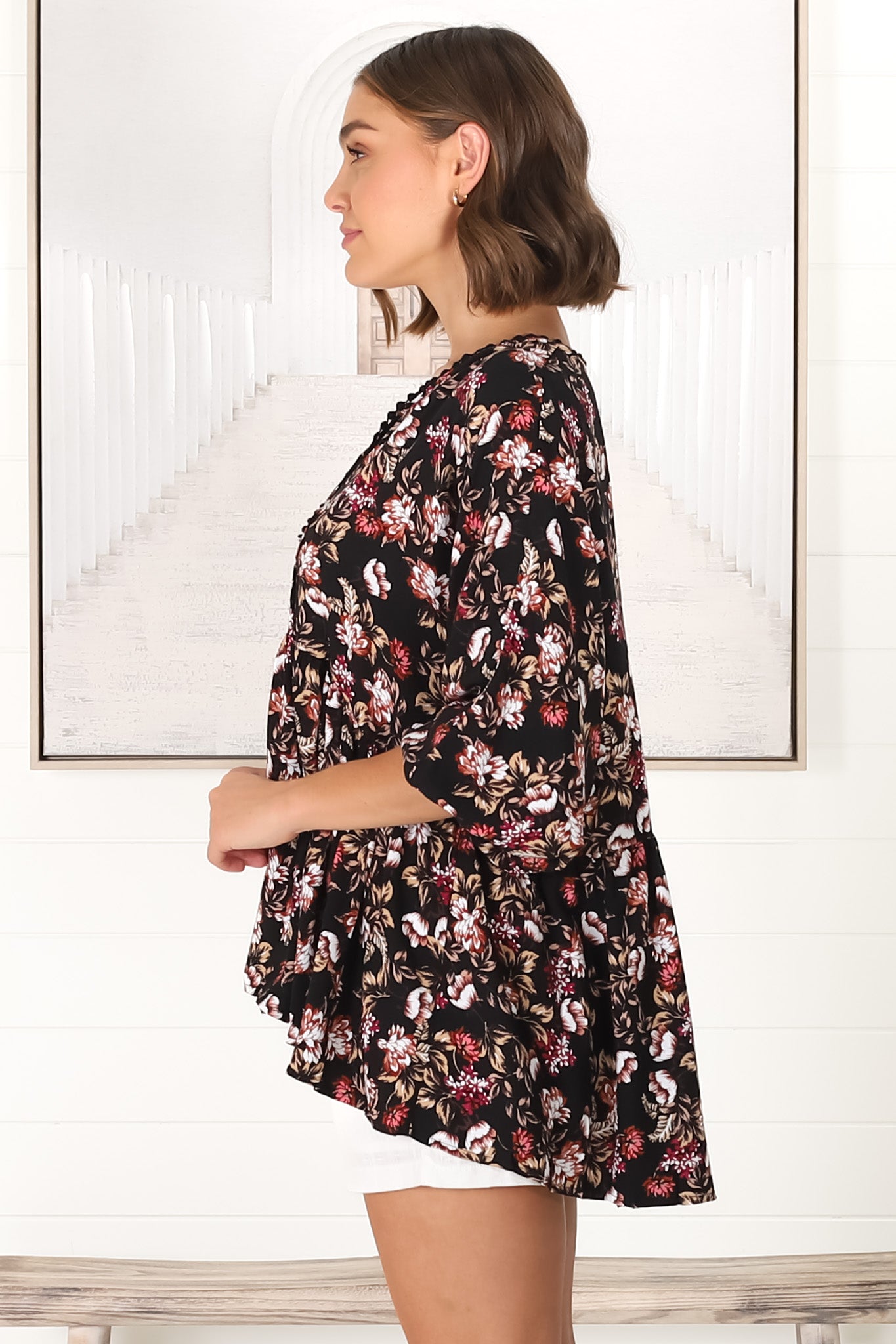 JAASE - Chloe Top: Very Oversized Crochet Trim Neckline Smock Top in Kimber Print