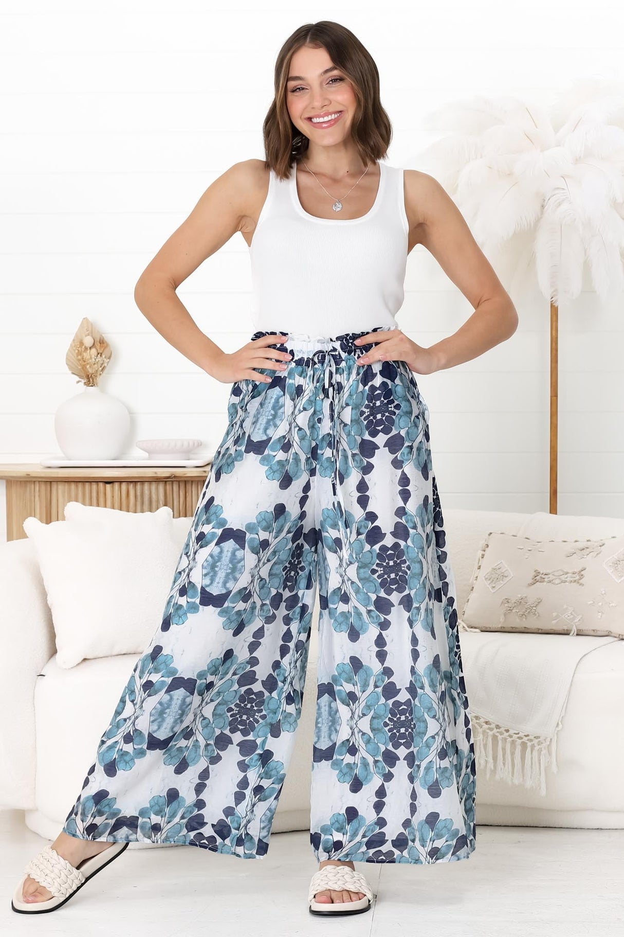 Noah Pants - Elasticated Waist Wide Leg Pant in Calea Print Blue