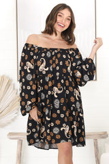 Finnie Mini Dress - On or Off Shoulder Long Sleeve Smock Dress in Paisley Print