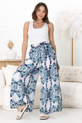 Noah Pants - Elasticated Waist Wide Leg Pant in Calea Print Blue