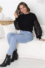 Carley Jumper - Crew Neck Lace Sleeve Knit in Black