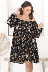 Finnie Mini Dress - On or Off Shoulder Long Sleeve Smock Dress in Paisley Print