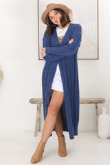 Tommy Cardigan - Long Line Cable Knit Cardigan in Denim Blue