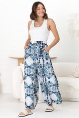 Noah Pants - Elasticated Waist Wide Leg Pant in Calea Print Blue