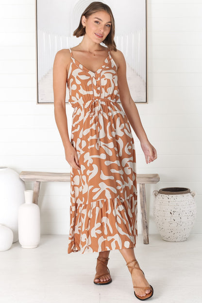 Ansel Midi Dress - Adjustable Strap Sun Dress in Jaxie Print Rust