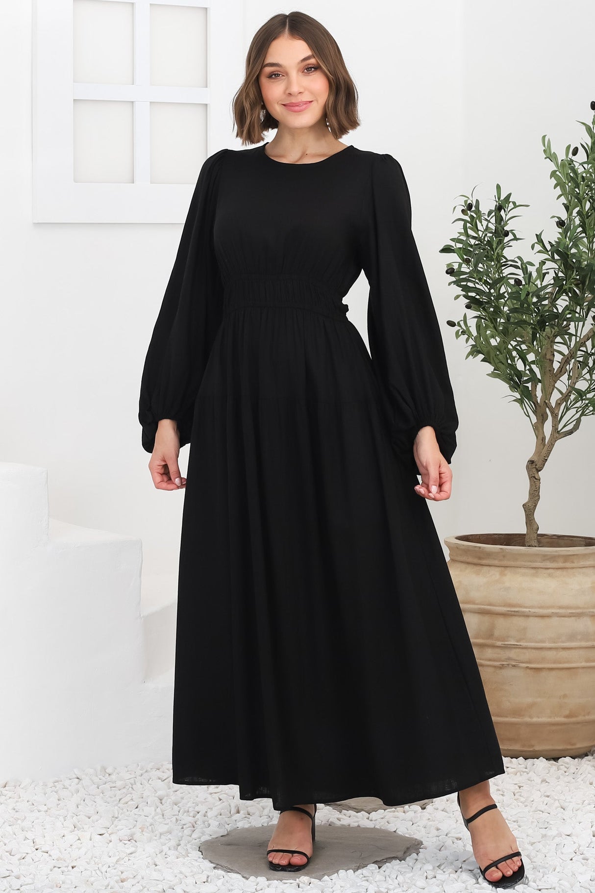 Sheyne Maxi Dress - Long Balloon Sleeve Elasicated Waist A Line Dress in Black