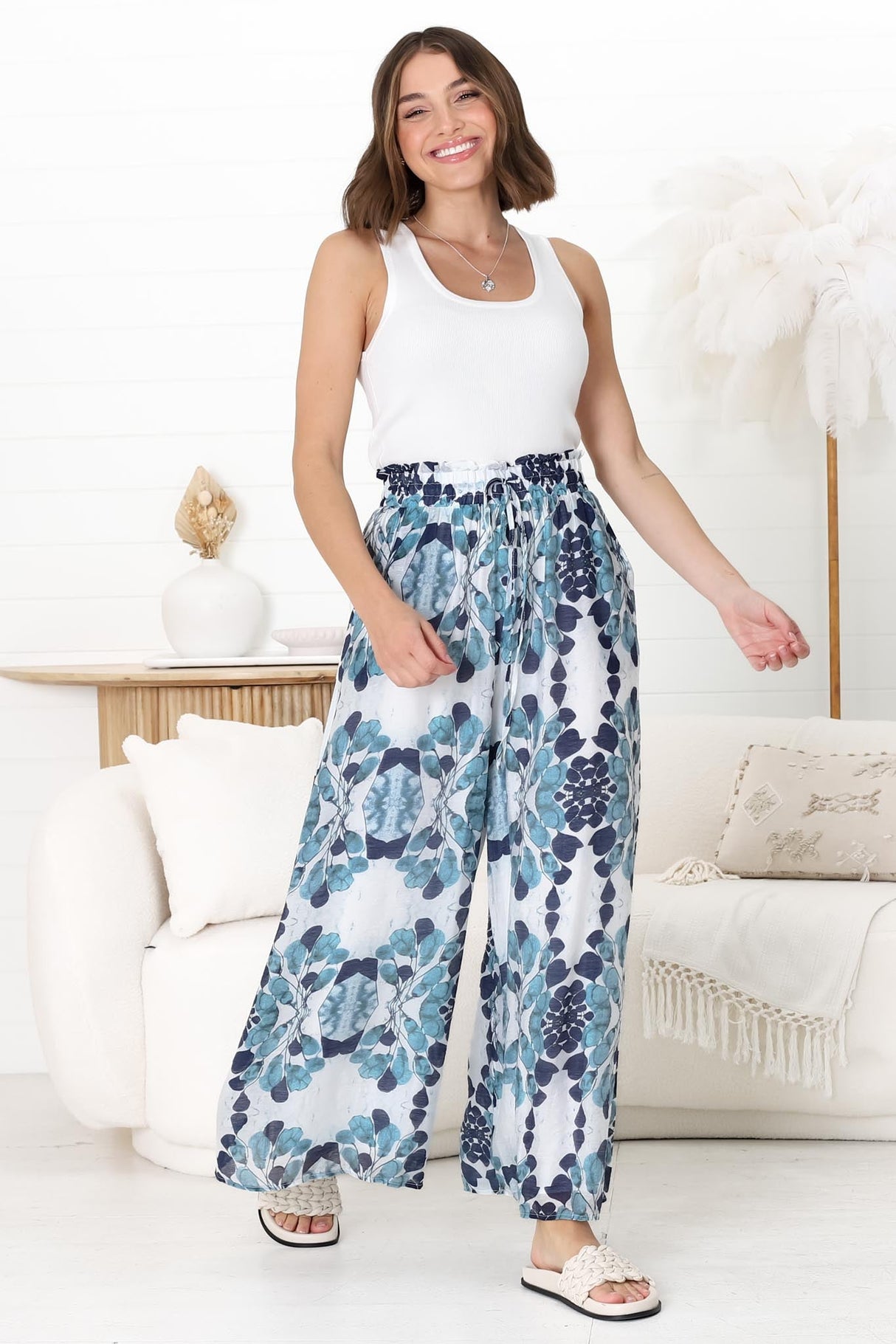 Noah Pants - Elasticated Waist Wide Leg Pant in Calea Print Blue