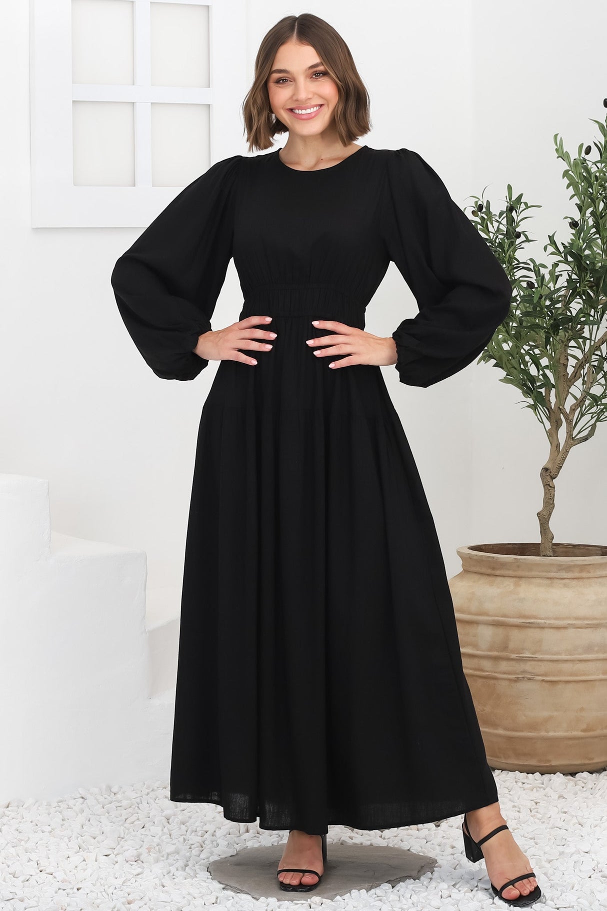 Sheyne Maxi Dress - Long Balloon Sleeve Elasicated Waist A Line Dress in Black