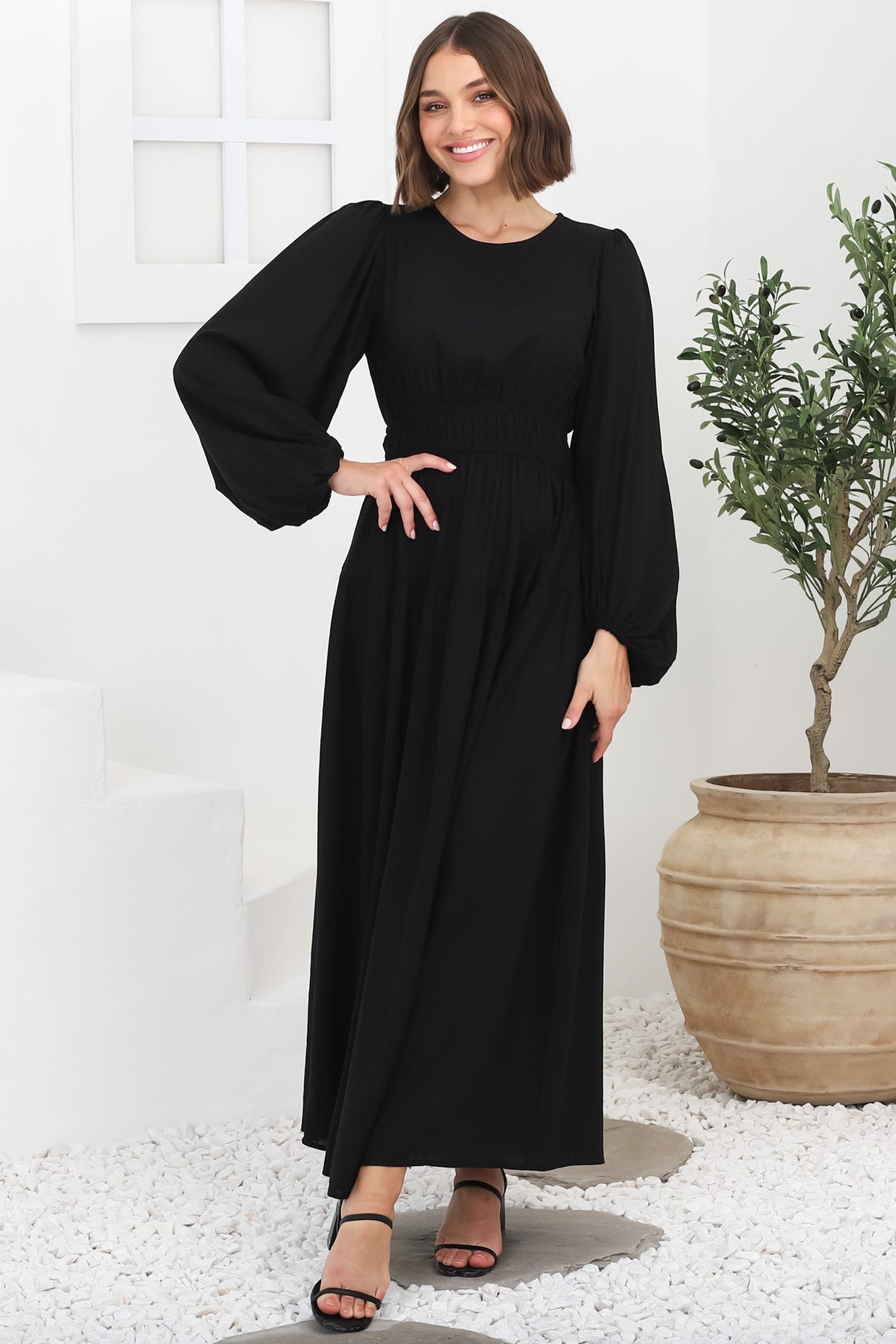 Sheyne Maxi Dress - Long Balloon Sleeve Elasicated Waist A Line Dress in Black