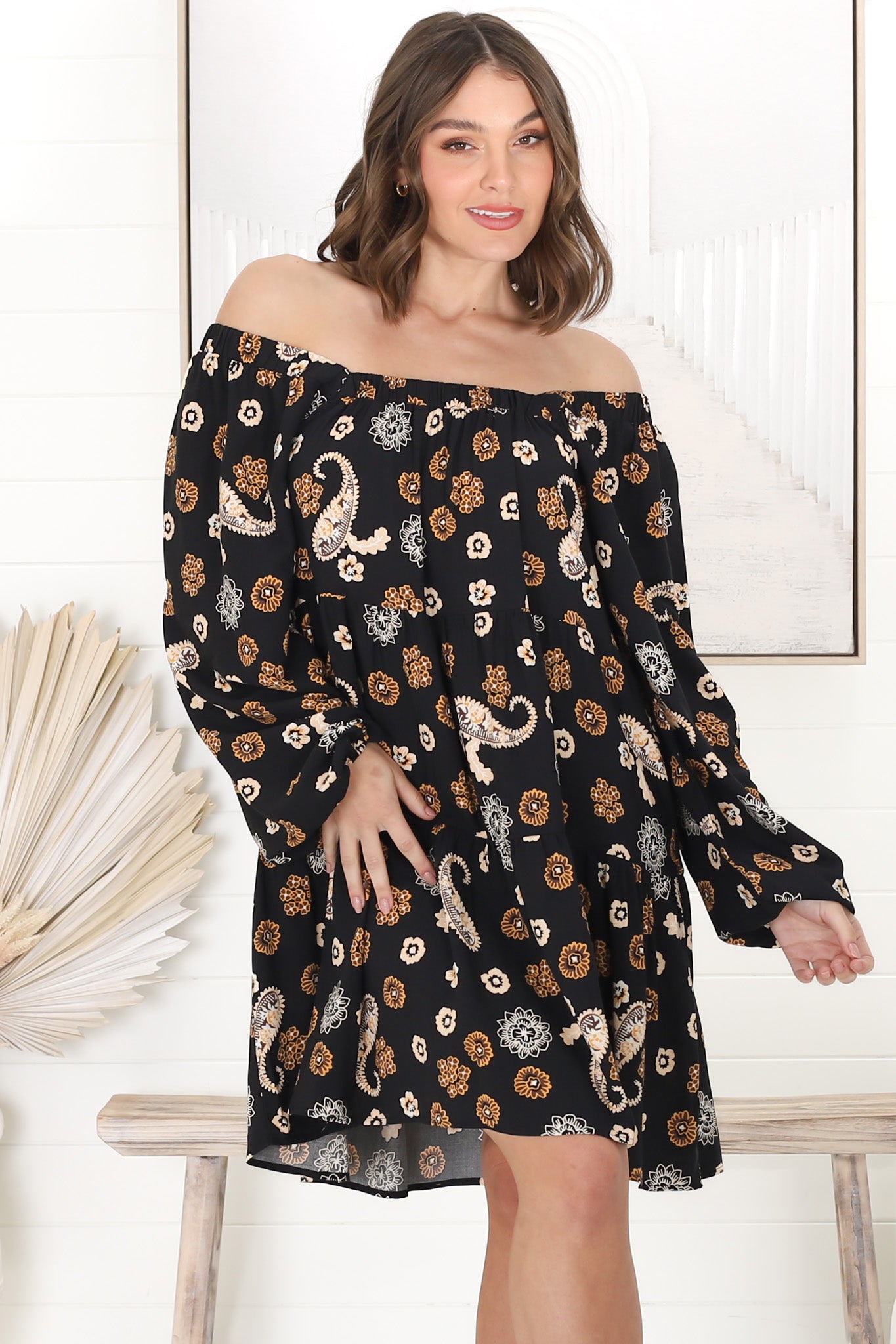 Finnie Mini Dress - On or Off Shoulder Long Sleeve Smock Dress in Paisley Print