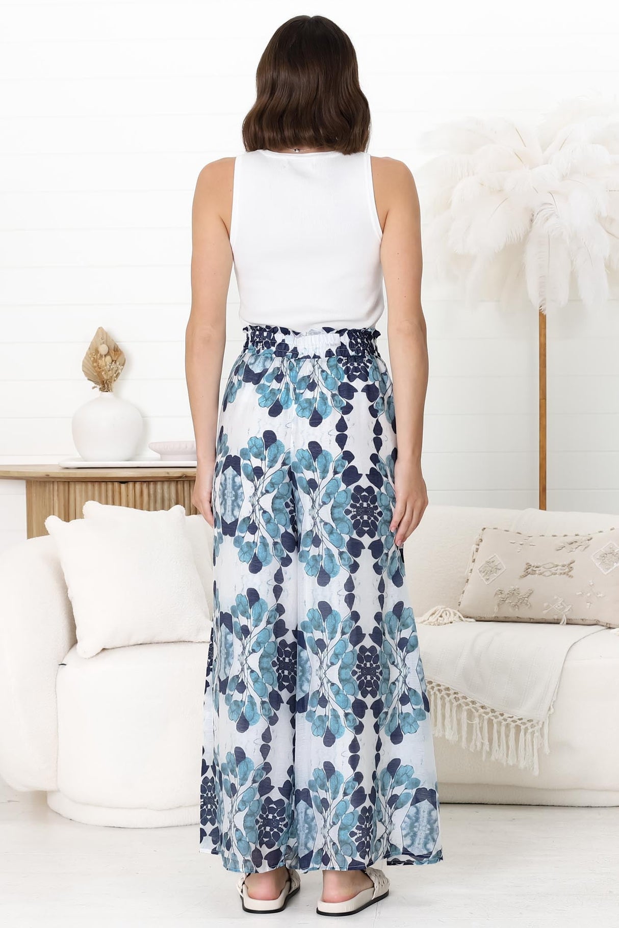 Noah Pants - Elasticated Waist Wide Leg Pant in Calea Print Blue