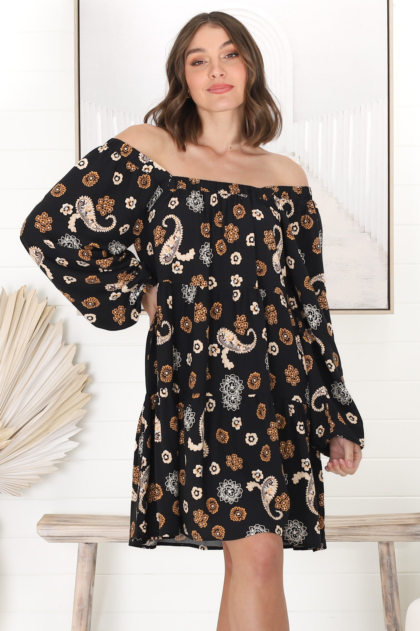 Finnie Mini Dress - On or Off Shoulder Long Sleeve Smock Dress in Paisley Print