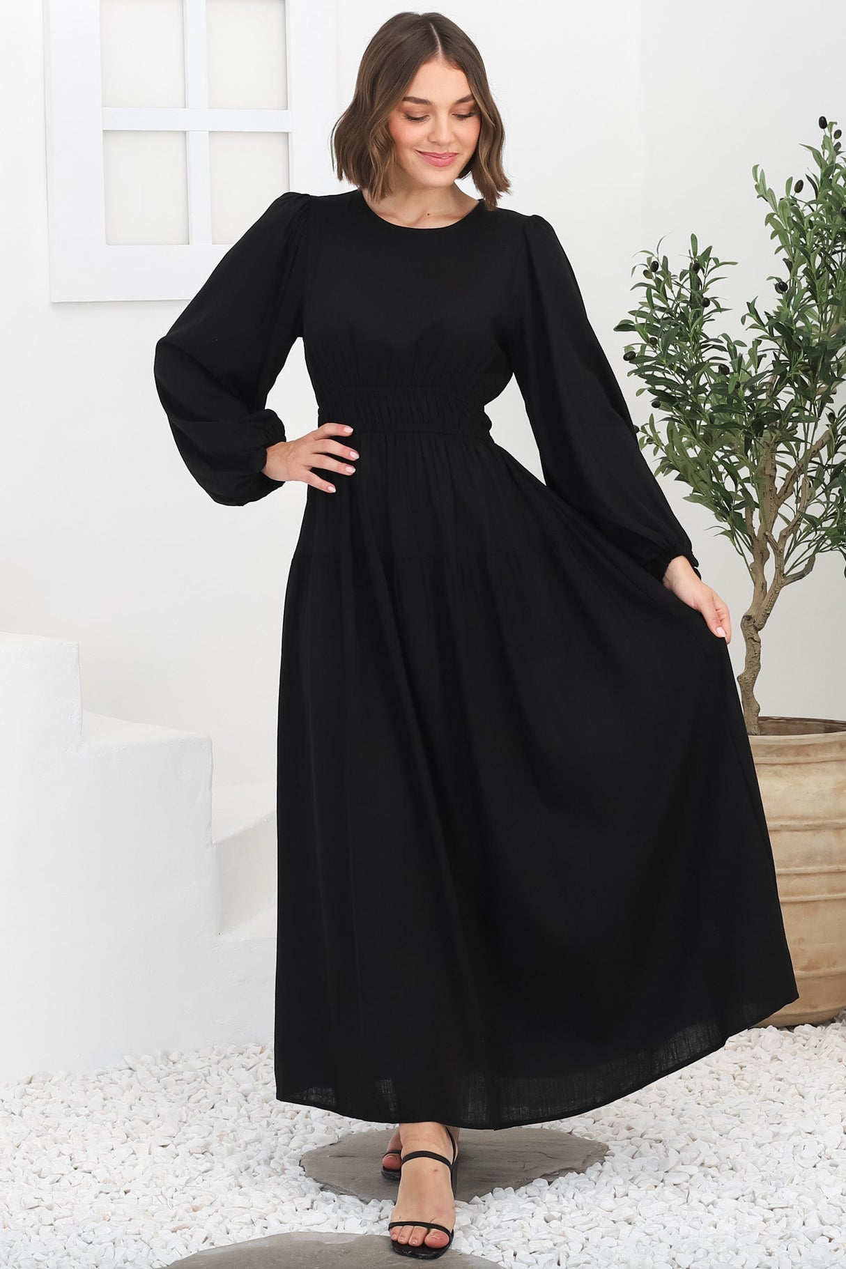 Sheyne Maxi Dress - Long Balloon Sleeve Elasicated Waist A Line Dress in Black