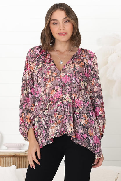 Marietta Top - Pull Over Plisse Blouse with Gold Tinsel Threading in Leya Print