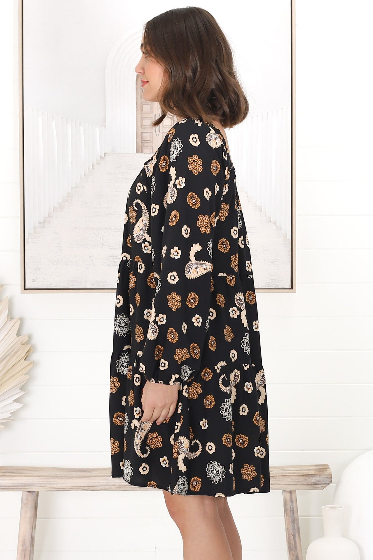 Finnie Mini Dress - On or Off Shoulder Long Sleeve Smock Dress in Paisley Print