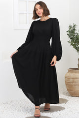 Sheyne Maxi Dress - Long Balloon Sleeve Elasicated Waist A Line Dress in Black