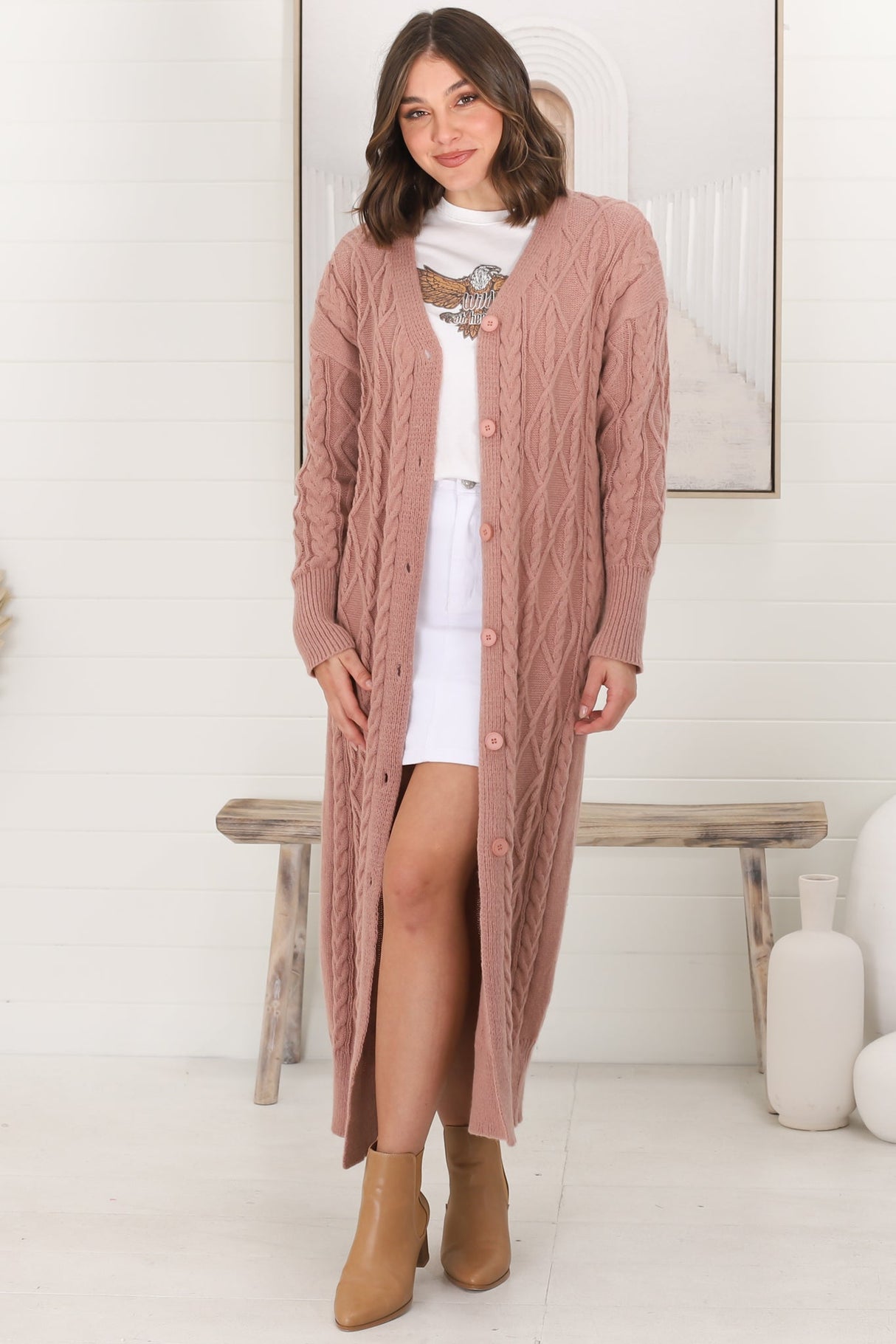 Tommy Cardigan - Long Line Cable Knit Cardigan in Blush