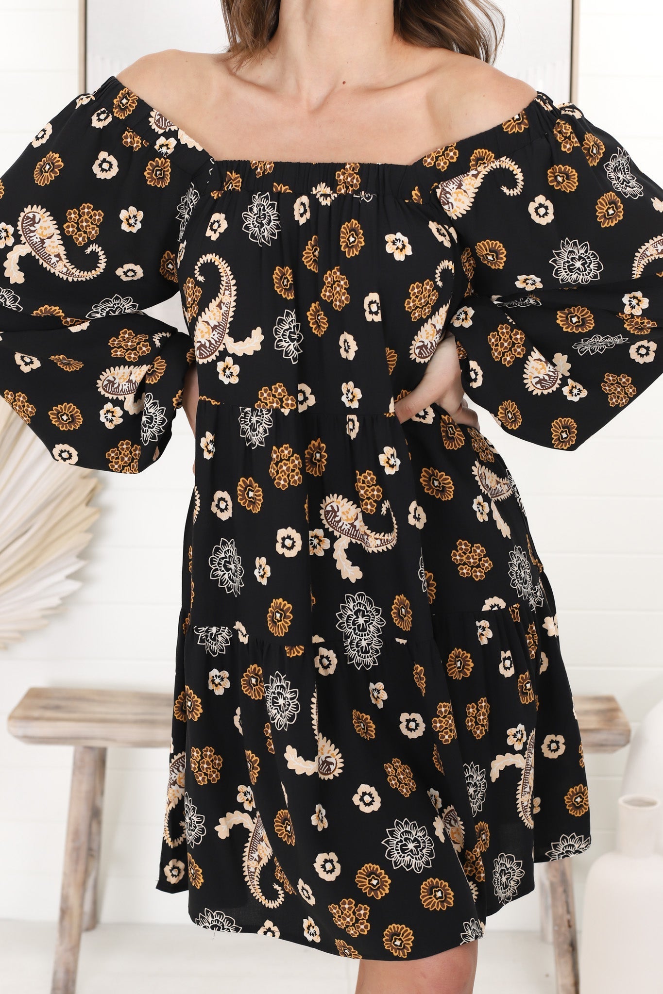 Finnie Mini Dress - On or Off Shoulder Long Sleeve Smock Dress in Paisley Print