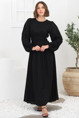 Sheyne Maxi Dress - Long Balloon Sleeve Elasicated Waist A Line Dress in Black