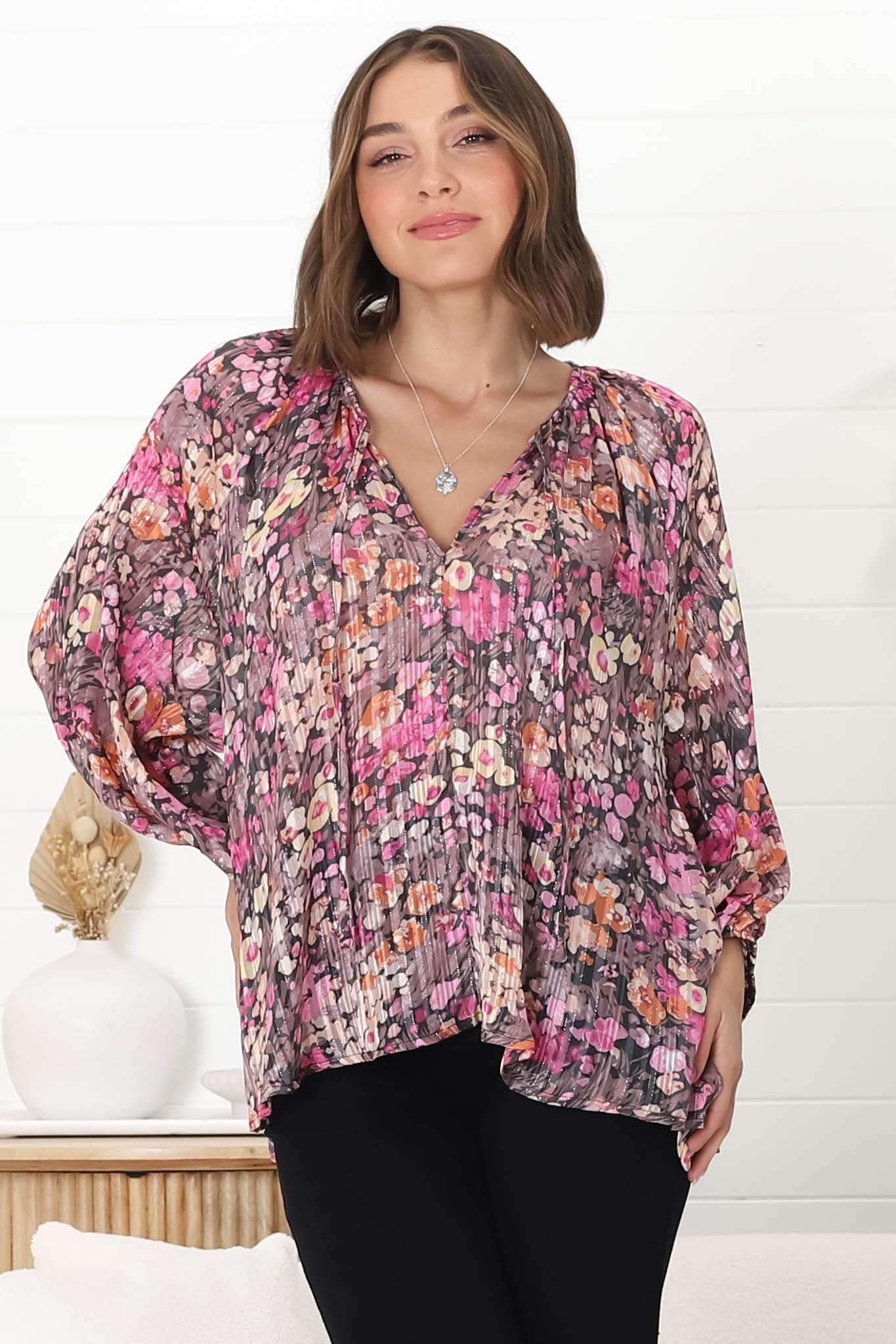 Marietta Top - Pull Over Plisse Blouse with Gold Tinsel Threading in Leya Print