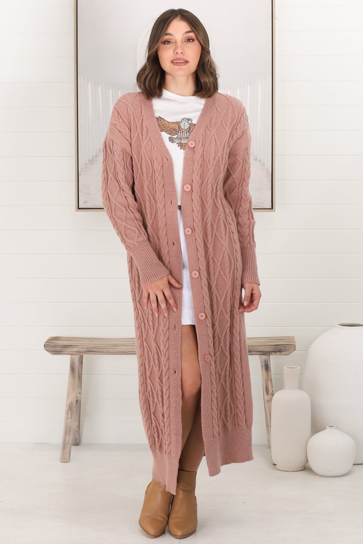 Tommy Cardigan - Long Line Cable Knit Cardigan in Blush