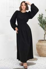 Sheyne Maxi Dress - Long Balloon Sleeve Elasicated Waist A Line Dress in Black