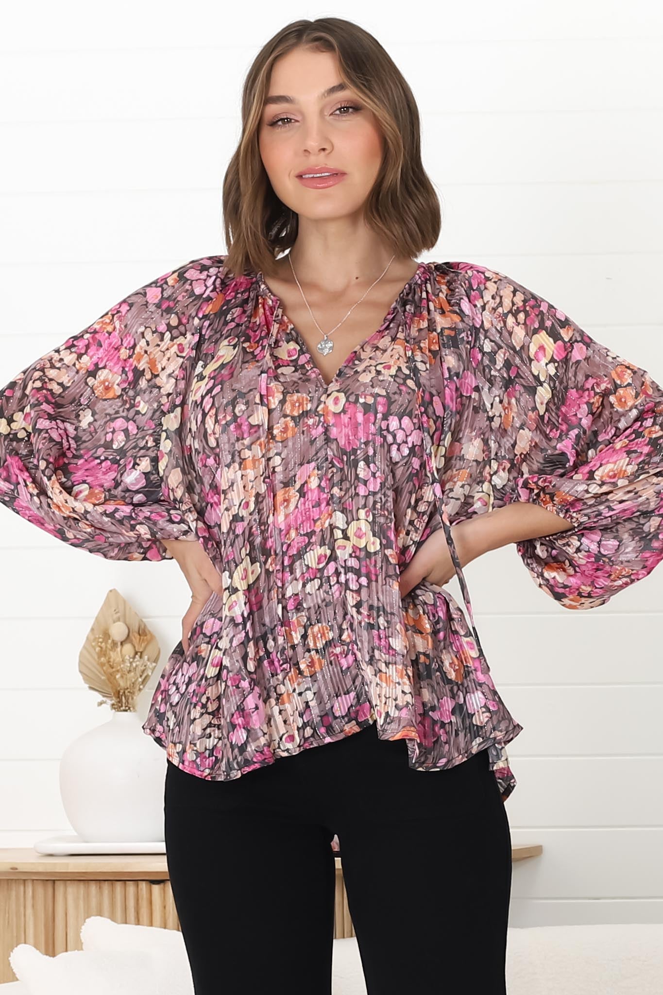 Marietta Top - Pull Over Plisse Blouse with Gold Tinsel Threading in Leya Print