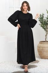 Sheyne Maxi Dress - Long Balloon Sleeve Elasicated Waist A Line Dress in Black