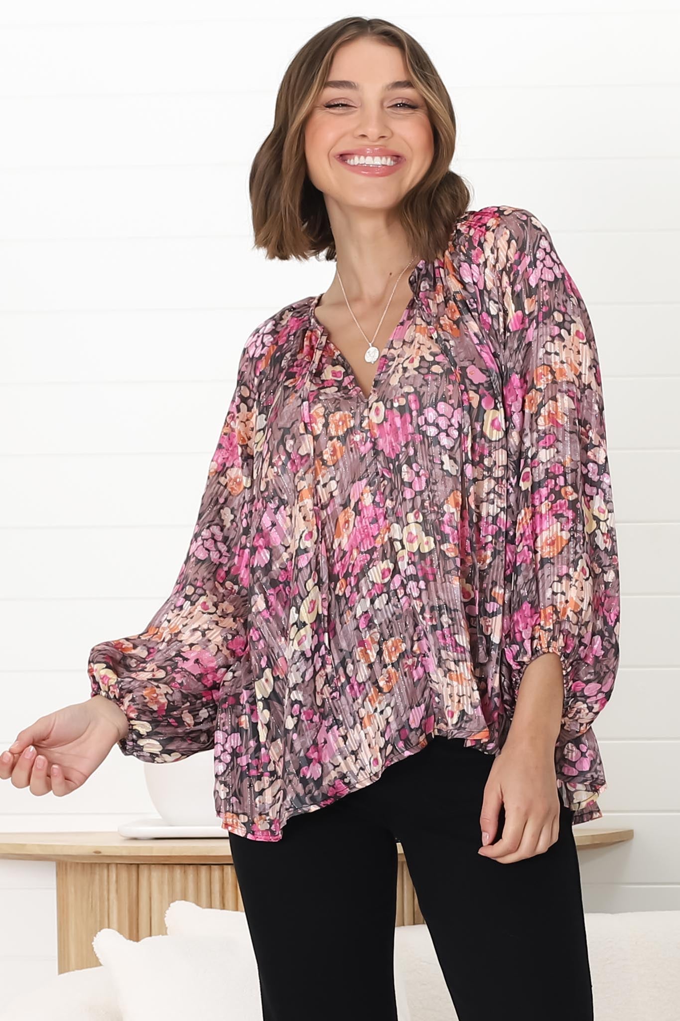 Marietta Top - Pull Over Plisse Blouse with Gold Tinsel Threading in Leya Print