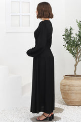 Sheyne Maxi Dress - Long Balloon Sleeve Elasicated Waist A Line Dress in Black