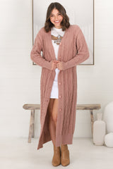 Tommy Cardigan - Long Line Cable Knit Cardigan in Blush