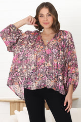 Marietta Top - Pull Over Plisse Blouse with Gold Tinsel Threading in Leya Print