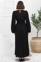 Sheyne Maxi Dress - Long Balloon Sleeve Elasicated Waist A Line Dress in Black