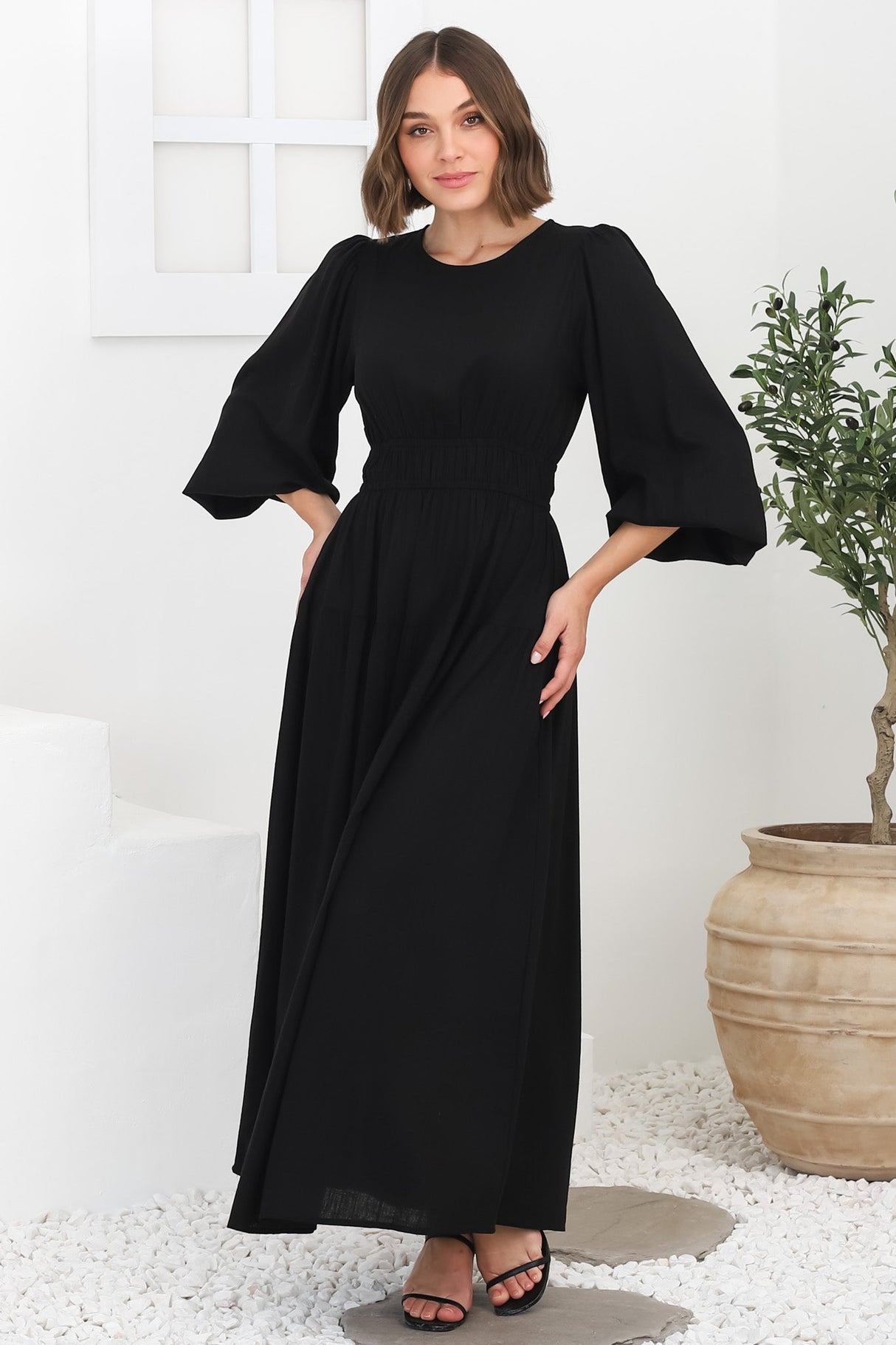 Sheyne Maxi Dress - Long Balloon Sleeve Elasicated Waist A Line Dress in Black