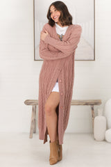 Tommy Cardigan - Long Line Cable Knit Cardigan in Blush