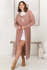 Tommy Cardigan - Long Line Cable Knit Cardigan in Blush