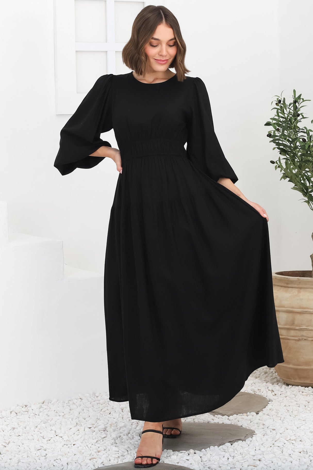 Sheyne Maxi Dress - Long Balloon Sleeve Elasicated Waist A Line Dress in Black