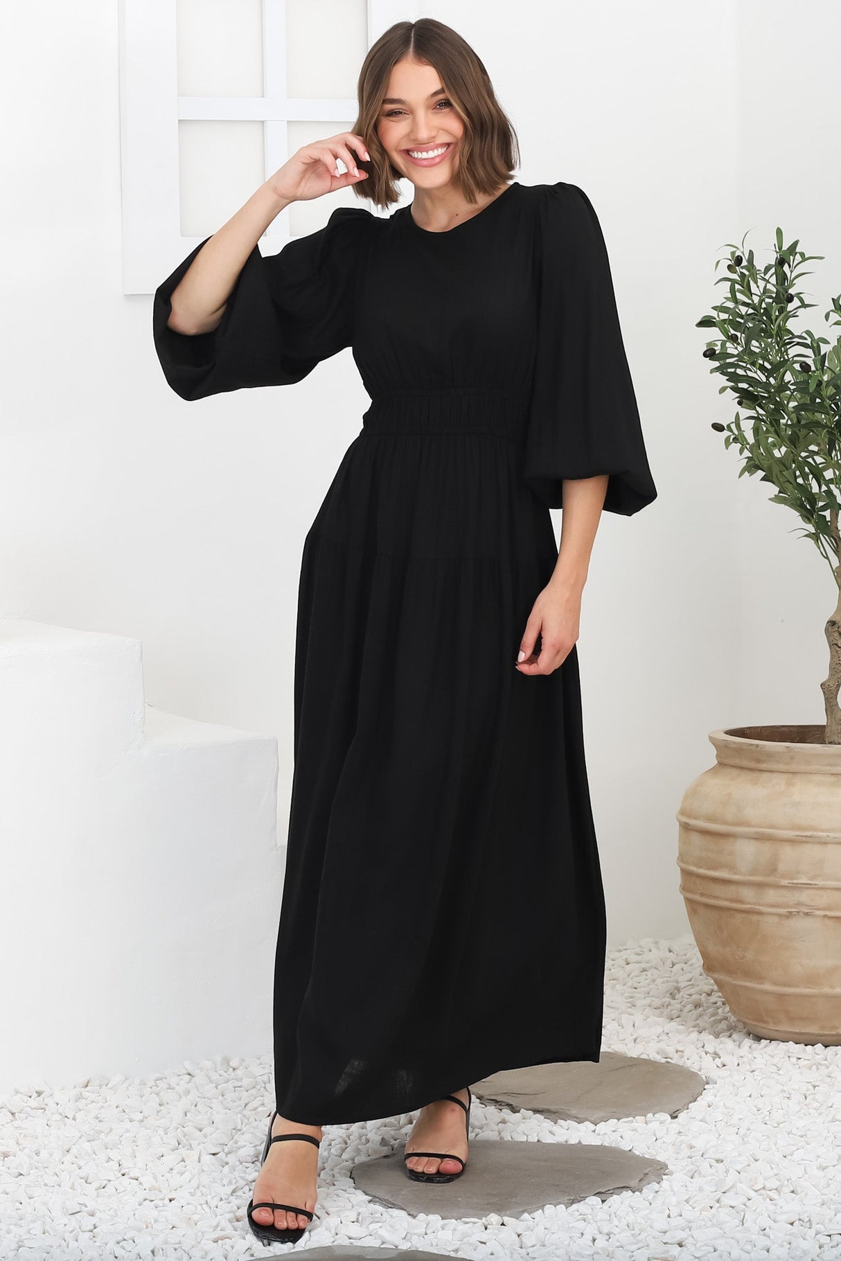 Sheyne Maxi Dress - Long Balloon Sleeve Elasicated Waist A Line Dress in Black