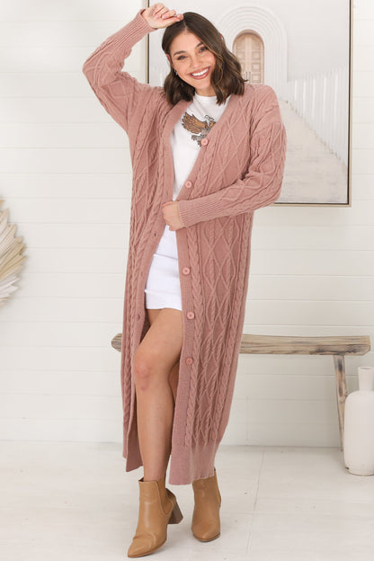 Tommy Cardigan - Long Line Cable Knit Cardigan in Blush