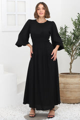 Sheyne Maxi Dress - Long Balloon Sleeve Elasicated Waist A Line Dress in Black