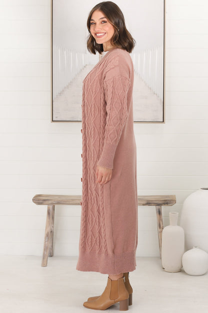 Tommy Cardigan - Long Line Cable Knit Cardigan in Blush