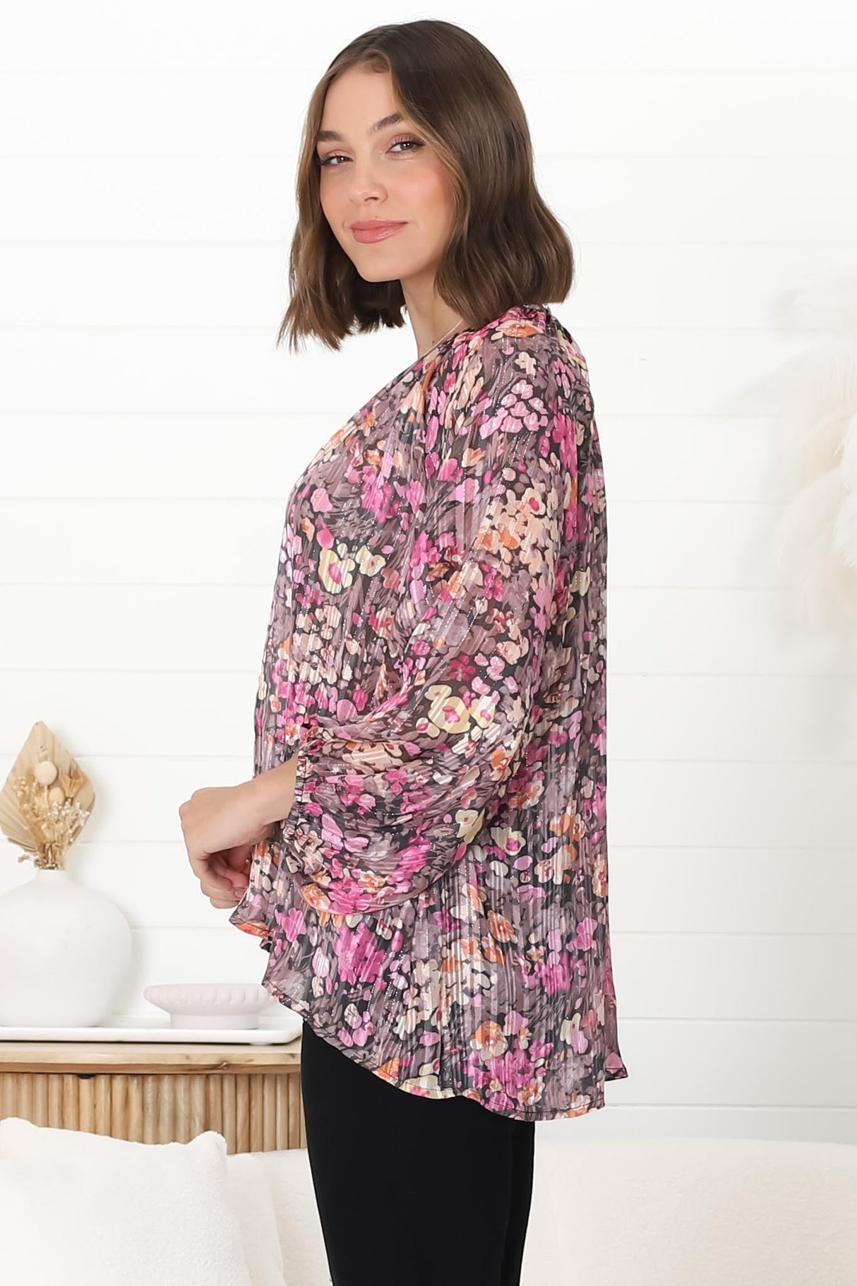 Marietta Top - Pull Over Plisse Blouse with Gold Tinsel Threading in Leya Print